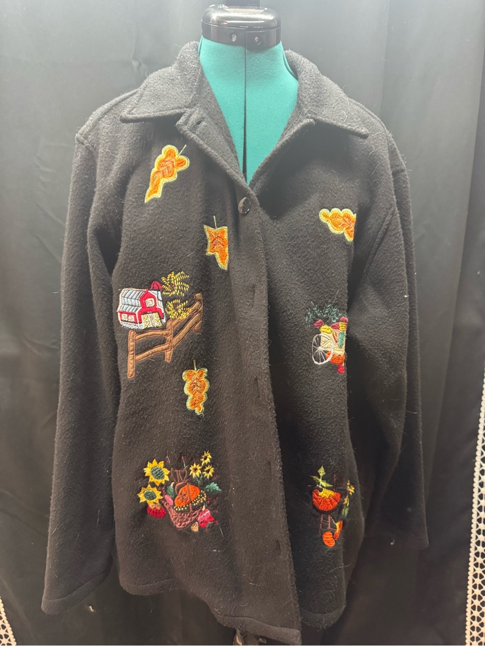 Cozy Embroidered Black Teddy Jacket with Harvest Motifs
